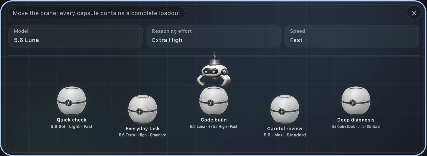 Capsule Crane showing five complete Codex configuration loadouts